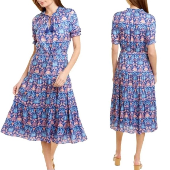 J. McLaughlin Dresses & Skirts - J. MCLAUGHLIN Blue Multi Floral Chessie Silk Blend Tiered Midi Dress Size S